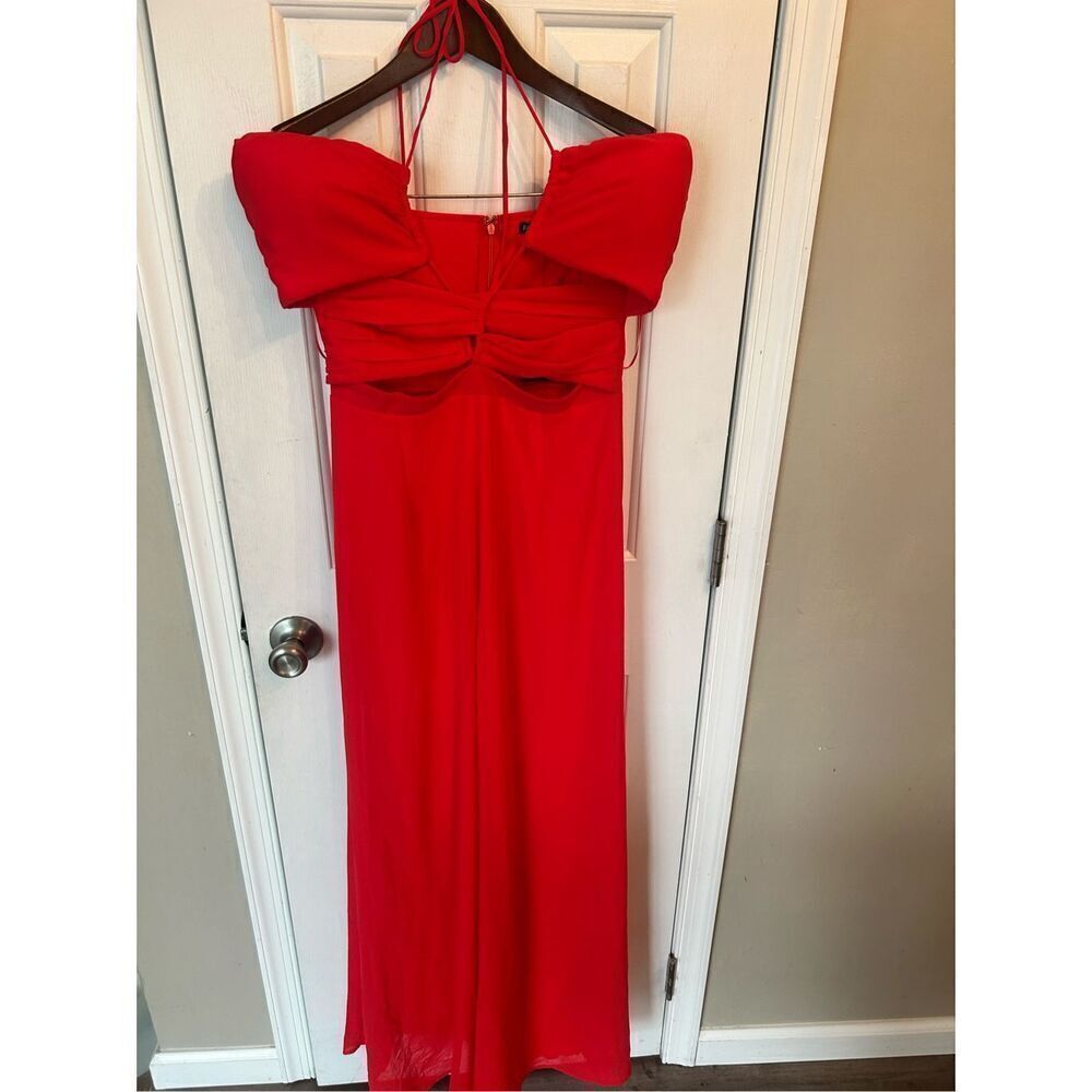 Fashion nova red sexy pant suit outfit size medium NWT cut out top wide leg